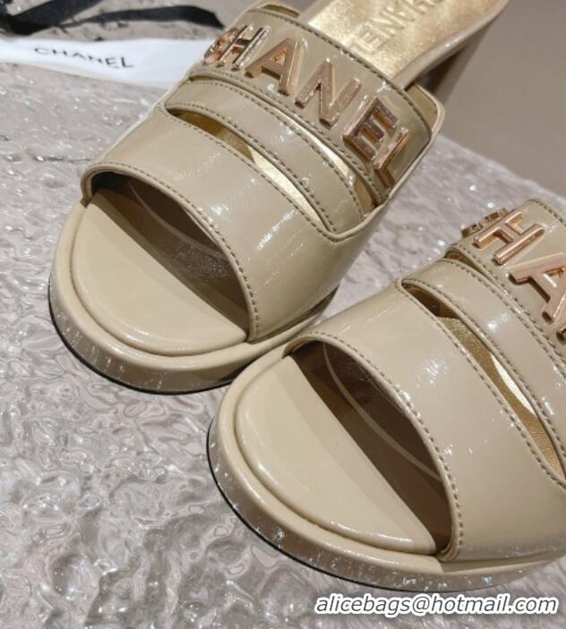 Best Grade Chanel Patent Calfskin Heel Slide Sandals 7.5cm with CHANEL Charm Beige 527003