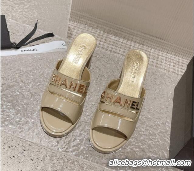 Best Grade Chanel Patent Calfskin Heel Slide Sandals 7.5cm with CHANEL Charm Beige 527003