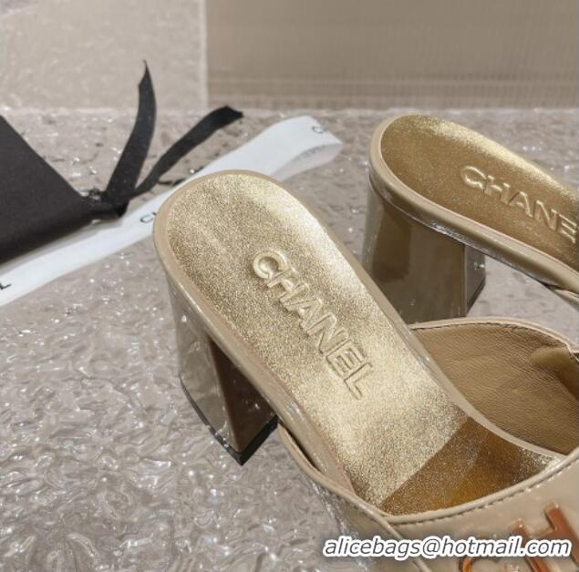 Best Grade Chanel Patent Calfskin Heel Slide Sandals 7.5cm with CHANEL Charm Beige 527003