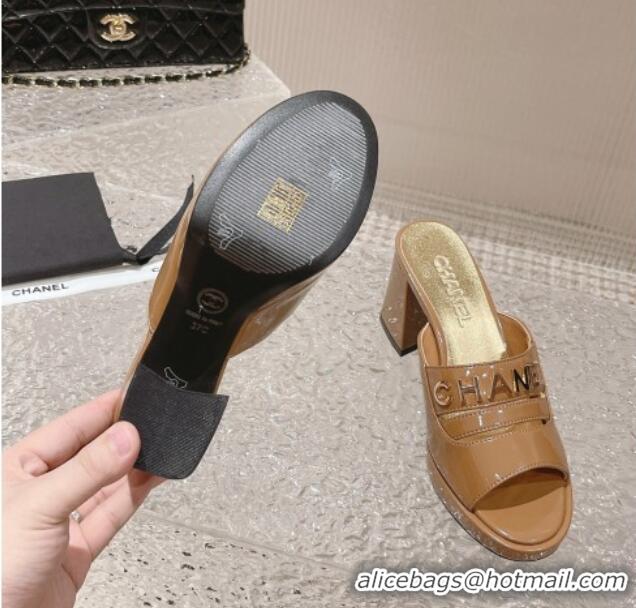 Good Looking Chanel Patent Calfskin Heel Slide Sandals 7.5cm with CHANEL Charm Brown 527004