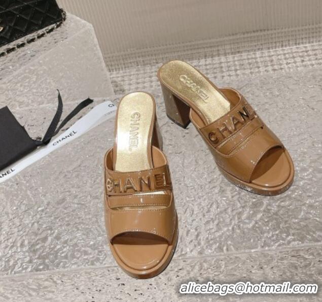 Good Looking Chanel Patent Calfskin Heel Slide Sandals 7.5cm with CHANEL Charm Brown 527004