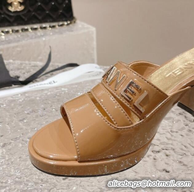 Good Looking Chanel Patent Calfskin Heel Slide Sandals 7.5cm with CHANEL Charm Brown 527004