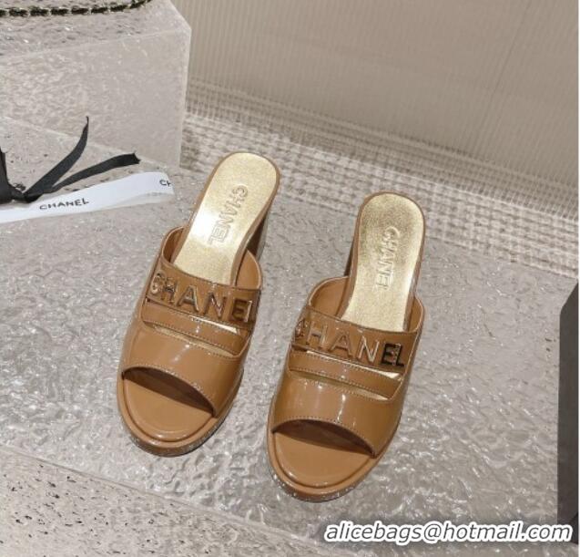 Good Looking Chanel Patent Calfskin Heel Slide Sandals 7.5cm with CHANEL Charm Brown 527004