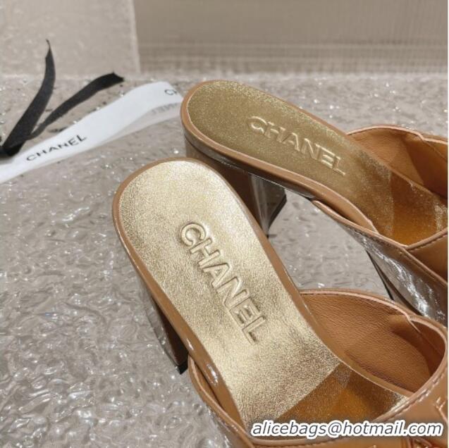 Good Looking Chanel Patent Calfskin Heel Slide Sandals 7.5cm with CHANEL Charm Brown 527004