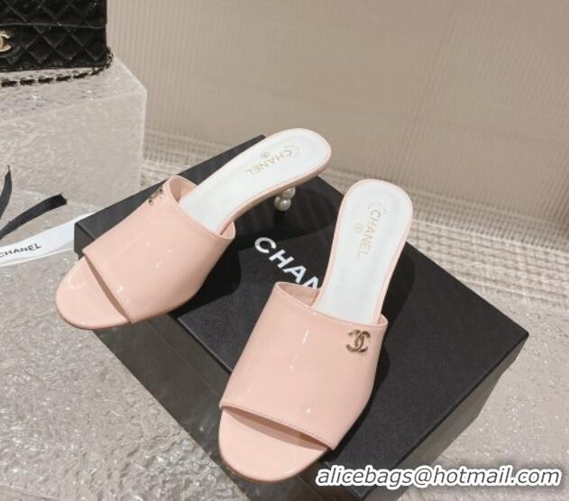 Best Product Chanel Patent Calfskin Slide Sandals 5.5cm with Pearls Heel Pink 527005