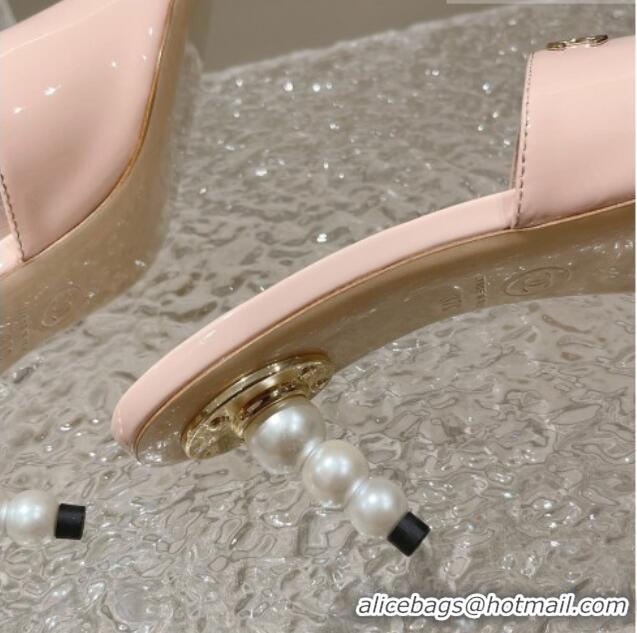 Best Product Chanel Patent Calfskin Slide Sandals 5.5cm with Pearls Heel Pink 527005