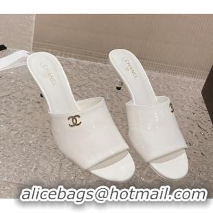 Purchase Chanel Patent Calfskin Slide Sandals 5.5cm with Pearls Heel White 527006