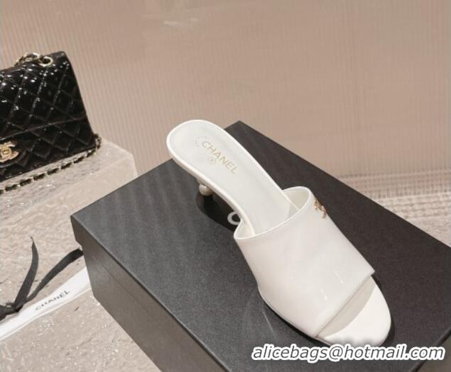 Purchase Chanel Patent Calfskin Slide Sandals 5.5cm with Pearls Heel White 527006