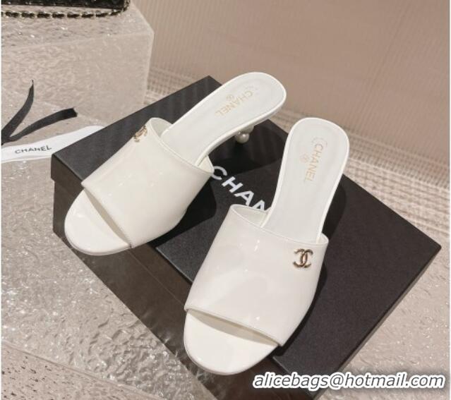 Purchase Chanel Patent Calfskin Slide Sandals 5.5cm with Pearls Heel White 527006