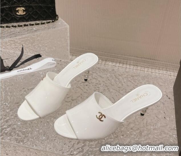 Purchase Chanel Patent Calfskin Slide Sandals 5.5cm with Pearls Heel White 527006