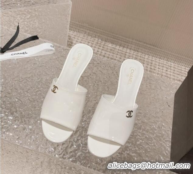 Purchase Chanel Patent Calfskin Slide Sandals 5.5cm with Pearls Heel White 527006