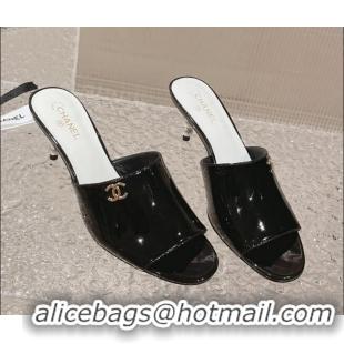 Grade Quality Chanel Patent Calfskin Slide Sandals 5.5cm with Pearls Heel Black 527007