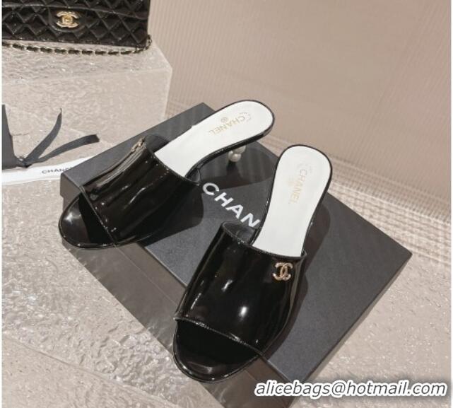 Grade Quality Chanel Patent Calfskin Slide Sandals 5.5cm with Pearls Heel Black 527007