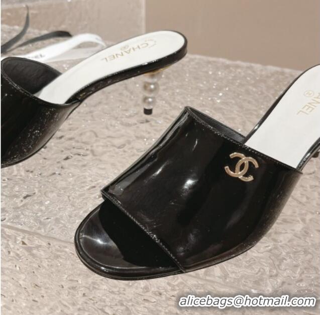 Grade Quality Chanel Patent Calfskin Slide Sandals 5.5cm with Pearls Heel Black 527007