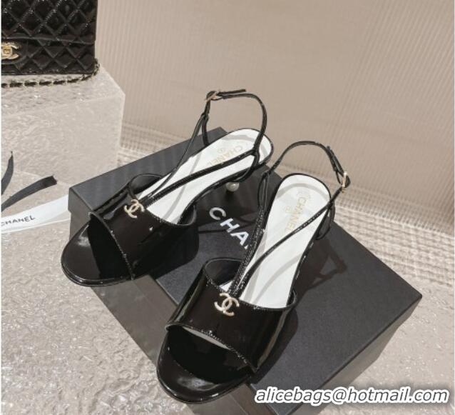 Unique Style Chanel Patent Calfskin Sandals 5.5cm with Pearls Heel Black 527008