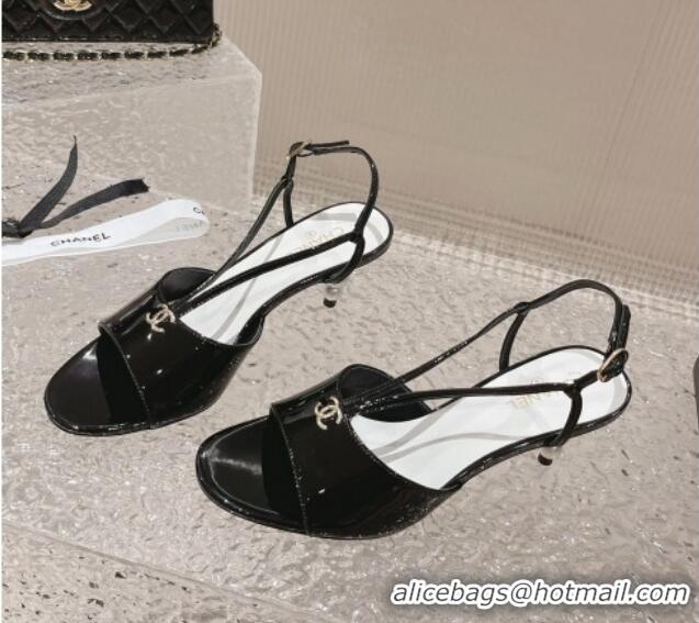 Unique Style Chanel Patent Calfskin Sandals 5.5cm with Pearls Heel Black 527008