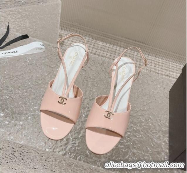 Durable Chanel Patent Calfskin Sandals 5.5cm with Pearls Heel Pink 527009