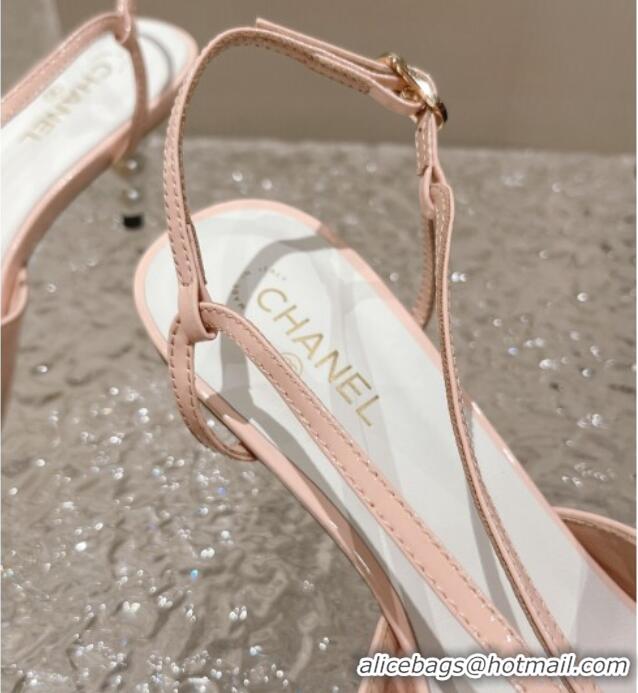 Durable Chanel Patent Calfskin Sandals 5.5cm with Pearls Heel Pink 527009