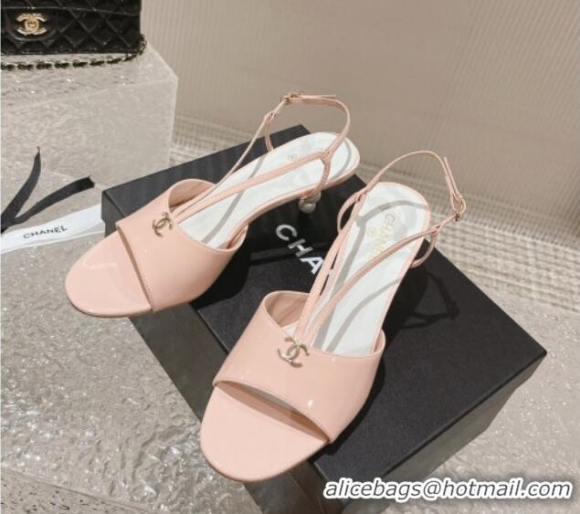 Durable Chanel Patent Calfskin Sandals 5.5cm with Pearls Heel Pink 527009