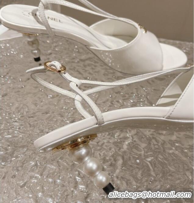 Popular Style Chanel Patent Calfskin Sandals 5.5cm with Pearls Heel White 527010