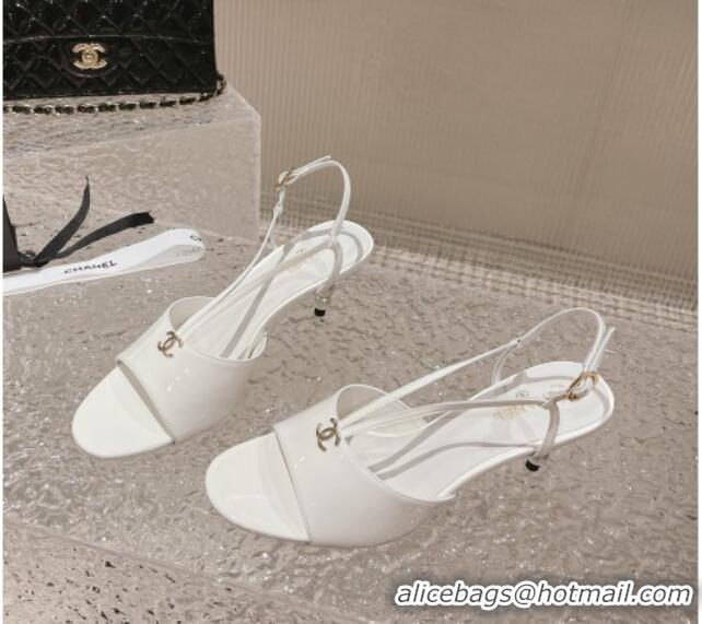 Popular Style Chanel Patent Calfskin Sandals 5.5cm with Pearls Heel White 527010