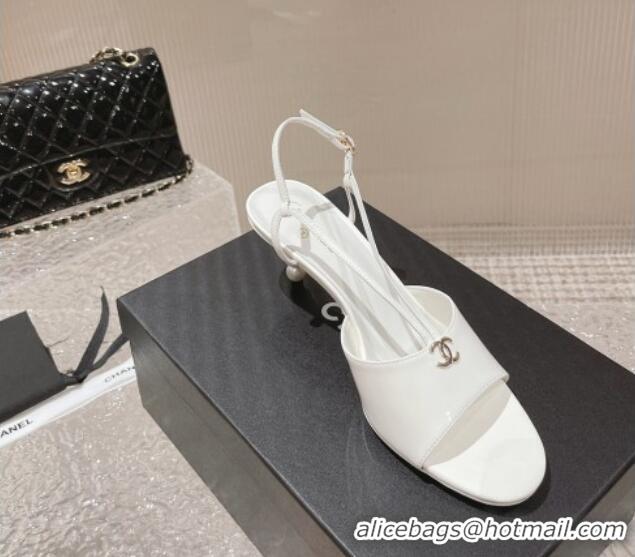 Popular Style Chanel Patent Calfskin Sandals 5.5cm with Pearls Heel White 527010