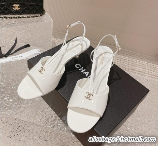 Popular Style Chanel Patent Calfskin Sandals 5.5cm with Pearls Heel White 527010