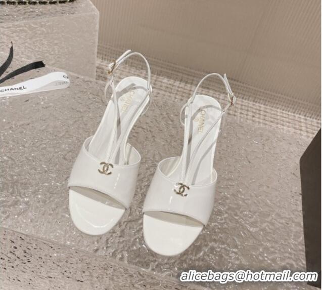 Popular Style Chanel Patent Calfskin Sandals 5.5cm with Pearls Heel White 527010