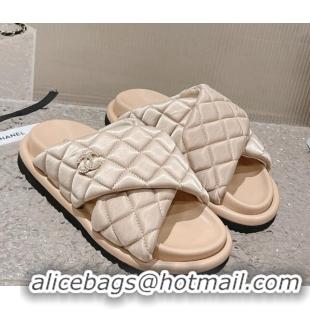 Good Quality Chanel Quilted Nylon Slide Sandals with Cross Strap Beige 527011