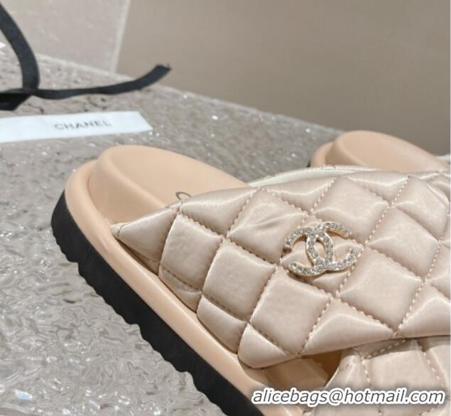 Good Quality Chanel Quilted Nylon Slide Sandals with Cross Strap Beige 527011