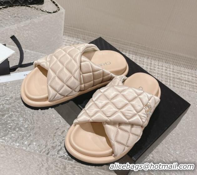 Good Quality Chanel Quilted Nylon Slide Sandals with Cross Strap Beige 527011