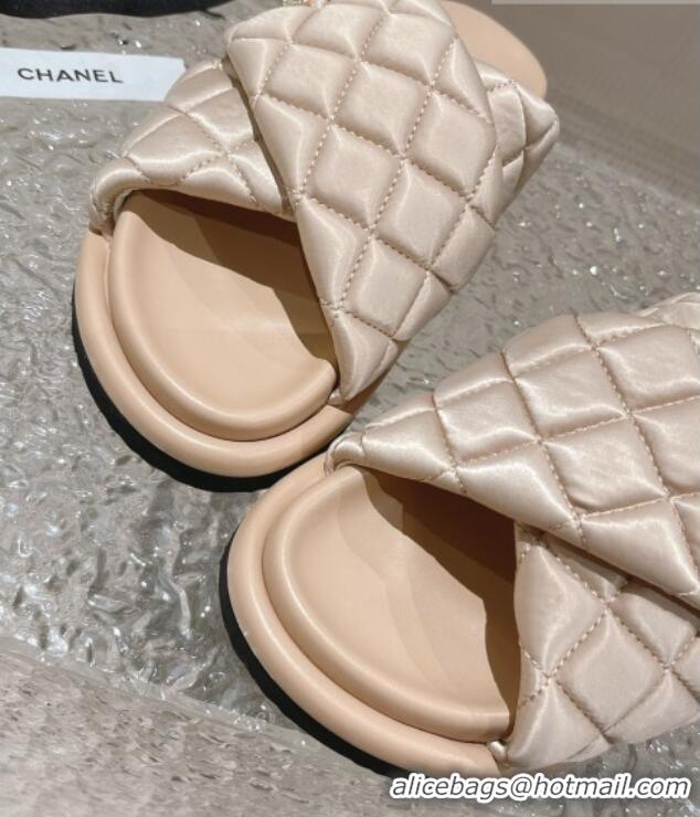 Good Quality Chanel Quilted Nylon Slide Sandals with Cross Strap Beige 527011