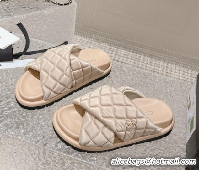 Good Quality Chanel Quilted Nylon Slide Sandals with Cross Strap Beige 527011