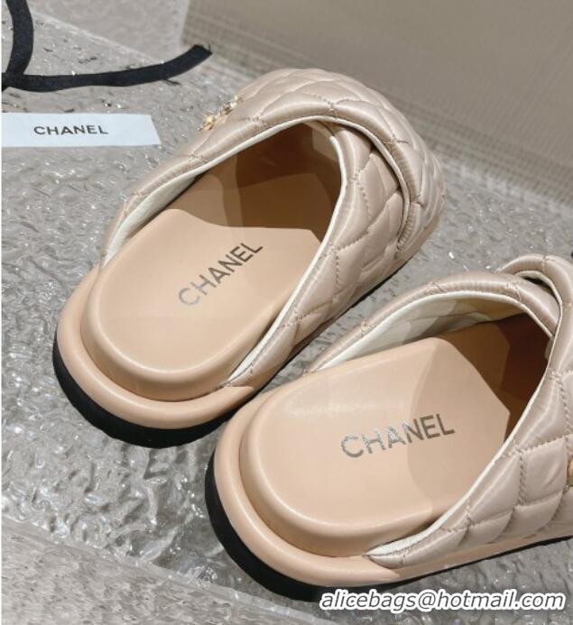 Good Quality Chanel Quilted Nylon Slide Sandals with Cross Strap Beige 527011