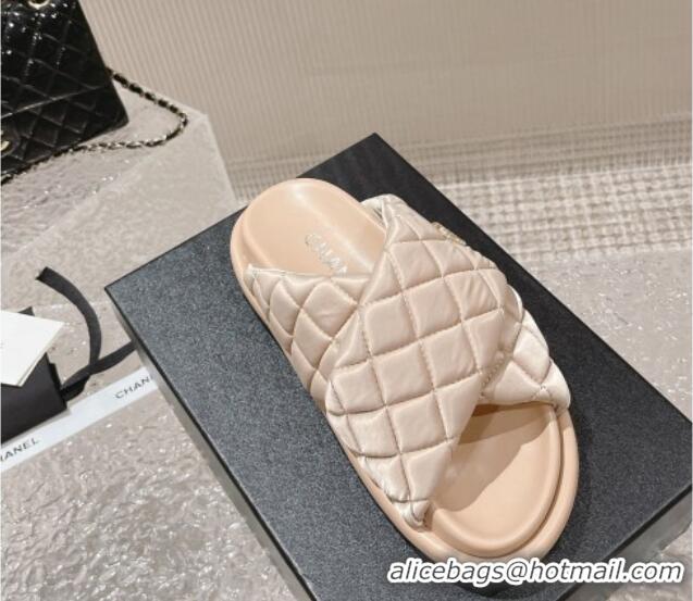 Good Quality Chanel Quilted Nylon Slide Sandals with Cross Strap Beige 527011