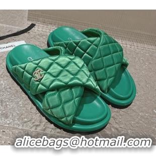 Best Grade Chanel Quilted Nylon Slide Sandals with Cross Strap Green 527012