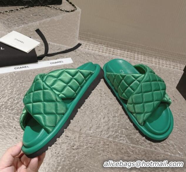 Best Grade Chanel Quilted Nylon Slide Sandals with Cross Strap Green 527012