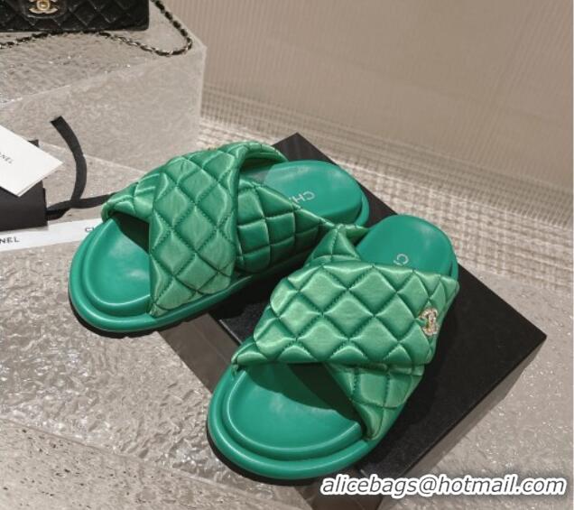 Best Grade Chanel Quilted Nylon Slide Sandals with Cross Strap Green 527012