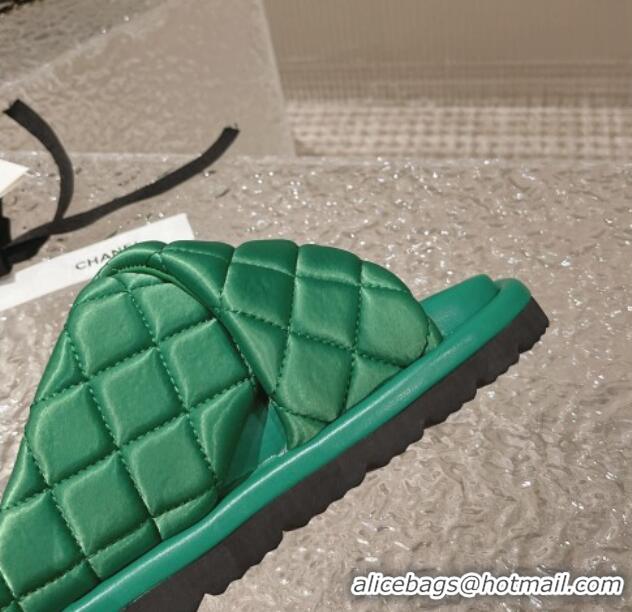 Best Grade Chanel Quilted Nylon Slide Sandals with Cross Strap Green 527012