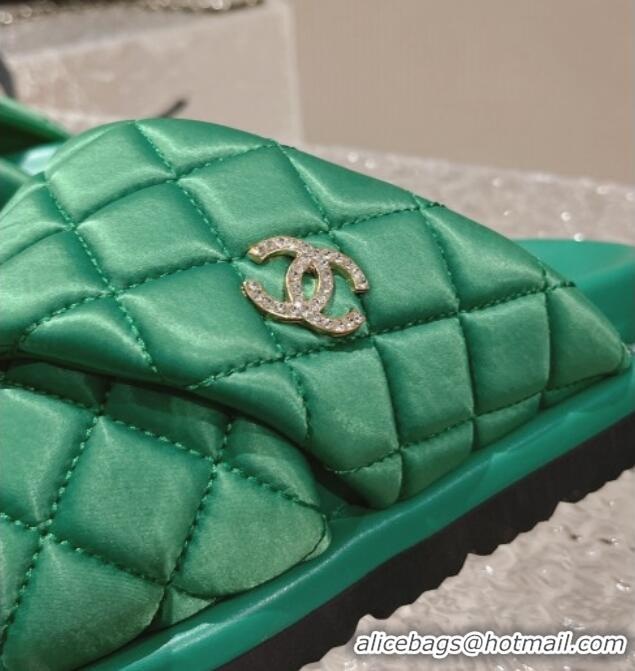 Best Grade Chanel Quilted Nylon Slide Sandals with Cross Strap Green 527012