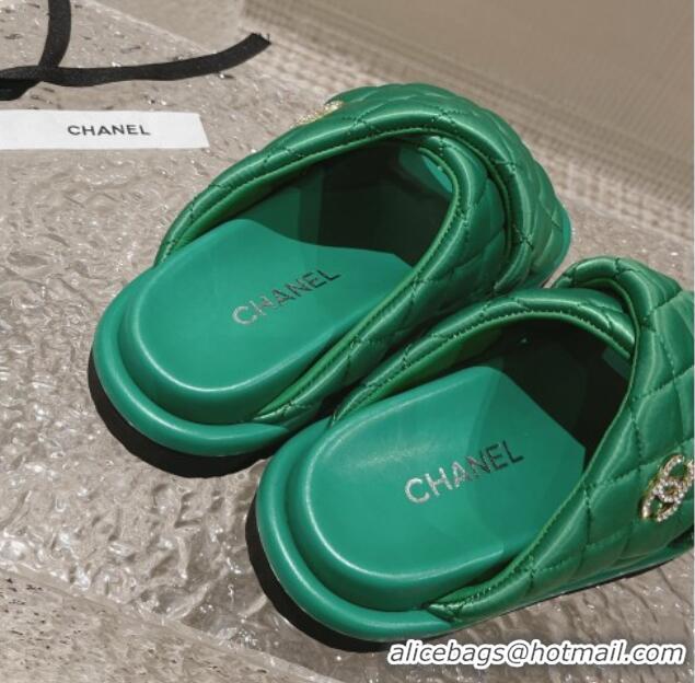 Best Grade Chanel Quilted Nylon Slide Sandals with Cross Strap Green 527012