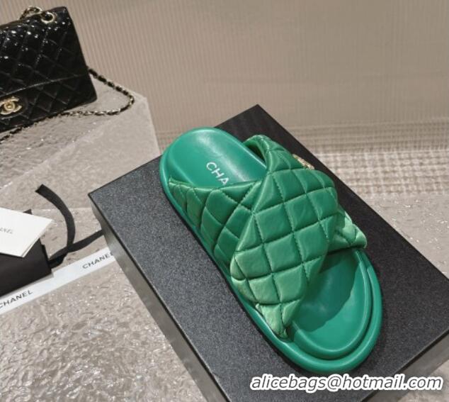 Best Grade Chanel Quilted Nylon Slide Sandals with Cross Strap Green 527012