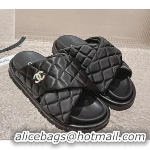 Pretty Style Chanel Quilted Nylon Slide Sandals with Cross Strap Black 527013