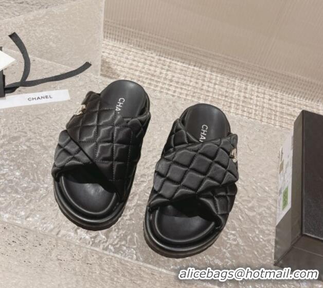 Pretty Style Chanel Quilted Nylon Slide Sandals with Cross Strap Black 527013