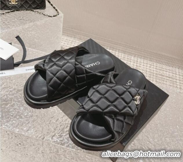 Pretty Style Chanel Quilted Nylon Slide Sandals with Cross Strap Black 527013