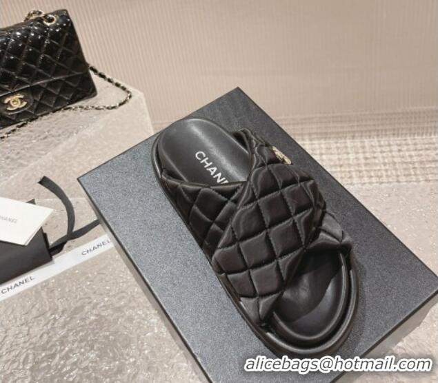 Pretty Style Chanel Quilted Nylon Slide Sandals with Cross Strap Black 527013