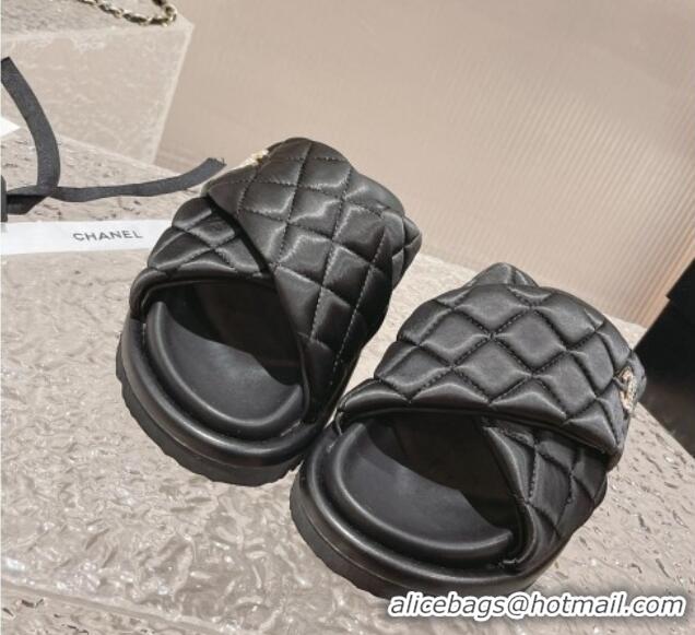 Pretty Style Chanel Quilted Nylon Slide Sandals with Cross Strap Black 527013