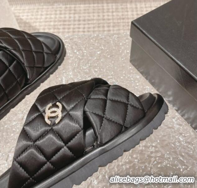 Pretty Style Chanel Quilted Nylon Slide Sandals with Cross Strap Black 527013