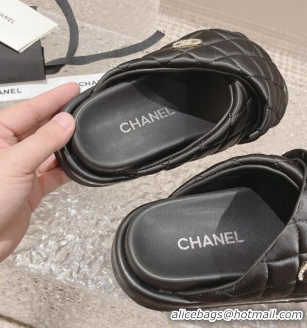 Pretty Style Chanel Quilted Nylon Slide Sandals with Cross Strap Black 527013