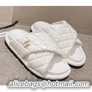 Grade Quality Chanel Quilted Nylon Slide Sandals with Cross Strap White 527014